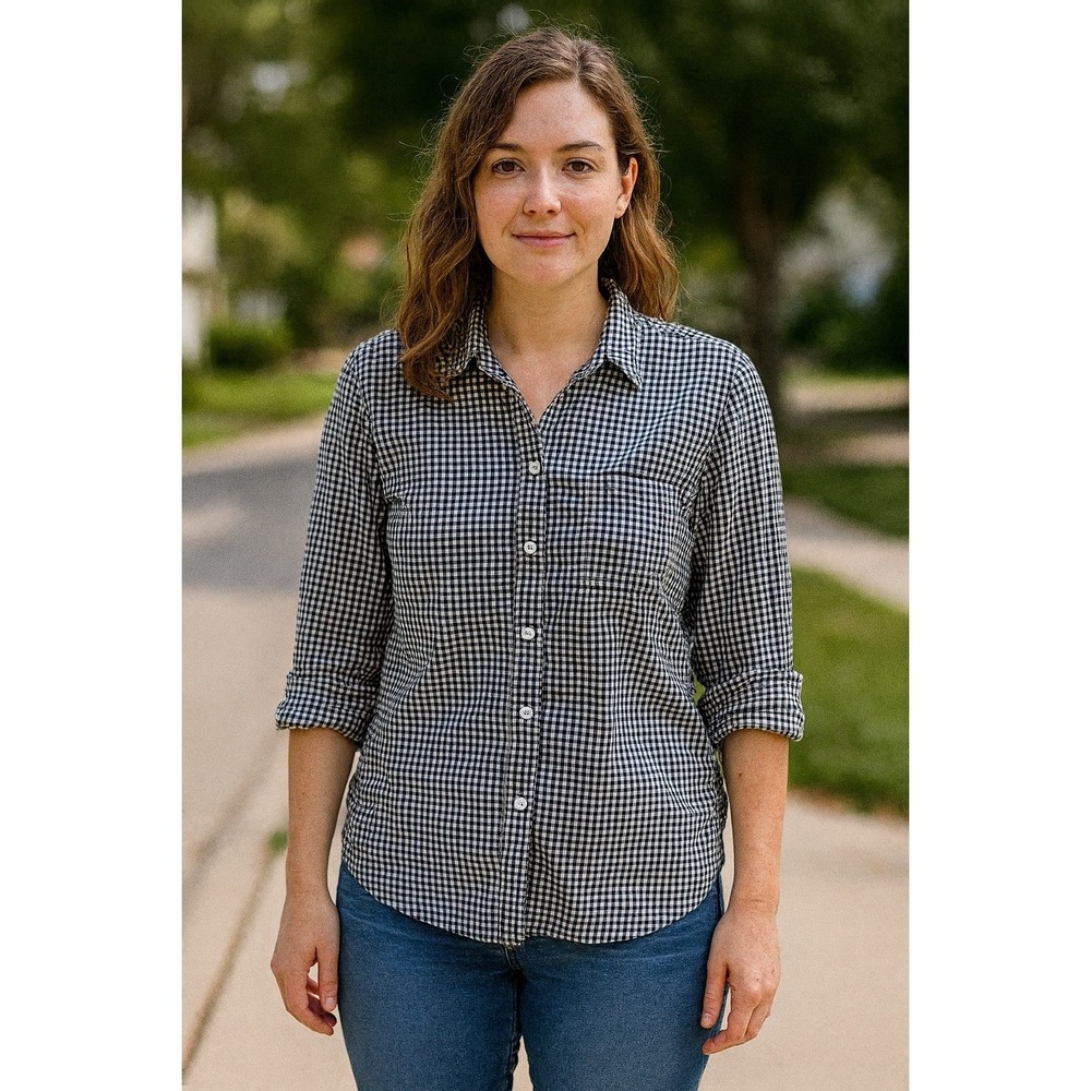 Karen Scott Women Medium Petite Gingham Checker Button Down Shirt  Monochrome